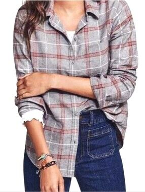 Faherty Malibu Shirt Organic Cotton Plaid Gray Red Button Down Women's Medium